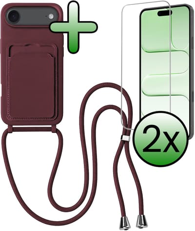 Hoes Geschikt voor iPhone Air Hoesje Pas Houder Case Hoes Met Koord Met 2x Screenprotector - Hoesje Geschikt voor iPhone Air Hoes Met Telefoonkoord Pasjeshouder Cover - Aubergine
