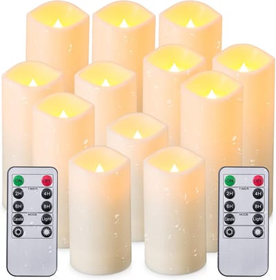 12-Pack Vlamloze Led-Kaarsen met Afstandsbediening en Timer - Op Batterijen Werkende Waterdichte Kaarsen voor Buiten - Knipperende Led-Pilaarkaarsen - voor Buiten, Terras, Tuin en Woondecoratie