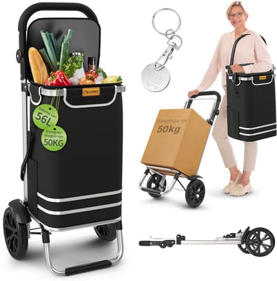 ELONEO boodschappentrolley opvouwbaar, boodschappentrolley met koelvak, 3-in-1 trolley, steekwagen & schoudertas - zwart