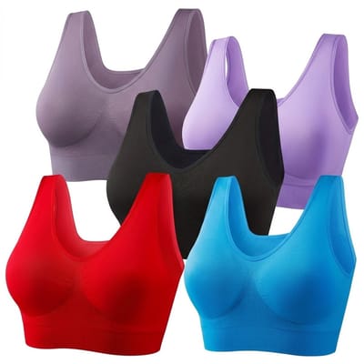 Zwarte paarse blauwe en rode sport bh dames naadloze sport bh set van 5 stuks elastische sportbeha zonder beugel geschikt voor hardlopen fitness yoga en training maat M