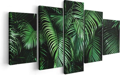 Artaza Canvas Schilderij Vijfluik Tropische Palm Bladeren - Groen - 100x50 cm - Wanddecoratie Woonkamer - Schilderijen - Muurdecoratie