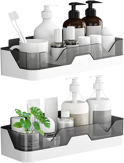 QTTVBTNA - 2-delige Badkamer Plank Set - Zelfklevend Wandrek - Zonder Boren - Opbergrek Keuken & Badkamer - Voor Huishouden - Grijs Wit - 29x11x6.5cm