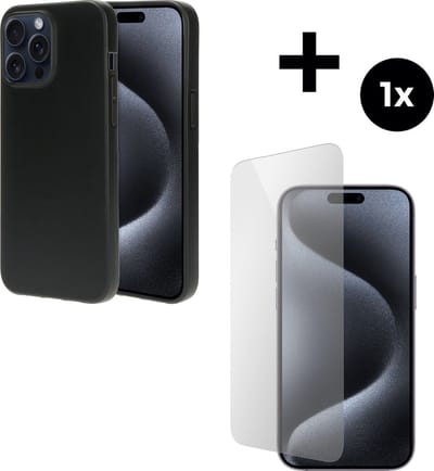 Mobiparts Classic TPU hoesje geschikt voor Apple iPhone 15 Pro Max met 1 Screenprotector van Gehard Glas - Zwart
