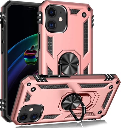 HB Hoesje Geschikt voor Apple iPhone 12 Mini - Rosegoud - Anti-Shock Hybrid Armor Back Cover - Hoes met Kickstand Ring