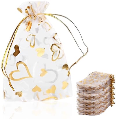 Dailygoods- Organza Zakjes 100 Stuks - Goudkleurig Hartdesign - 7 x 9 cm - Cadeauzakjes - Sieraden/ Geschenken - Satijnen Trekkoordsluiting