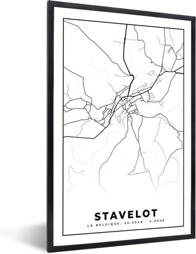 Fotolijst incl. Poster Zwart Wit- Zwart Wit – België – Plattegrond – Stadskaart – Kaart – Stavelot - 40x60 cm - Posterlijst