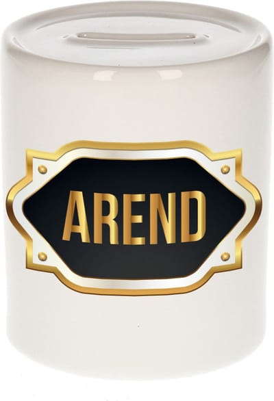 Spaarpot met voornaam Arend - wit - met goud/zwart embleem - 8 x 9 cm - keramiek - met afsluitdop - cadeau verjaardag