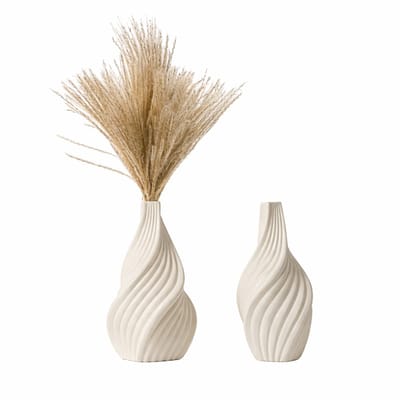 Luxaliving Keramische Vazen Set van 2 – Beige – Gedraaid Design – 21 cm & 19 cm