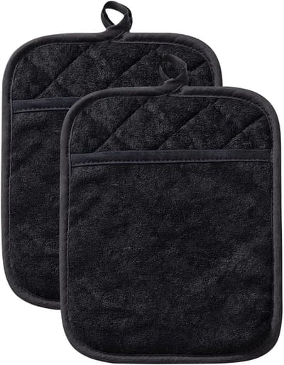 Thijox - 2 stuks zwarte pannenlappen handschoenen, hittebestendige keukenhandschoenen, katoenen kookhandschoenen voor oven en magnetron, moderne onder