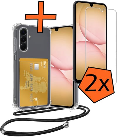 Hoesje Geschikt voor Samsung A17 Hoesje Met Telefoonketting Pasjeshouder Shockproof Case Met 2x Screenprotector Koord - Hoesje Geschikt voor Samsung Galaxy A17 Hoes Met Kaarthouder - Transparant
