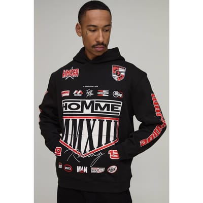 Zwarte Oversized Moto Crest Print Hoodie | Black | Size 4XL