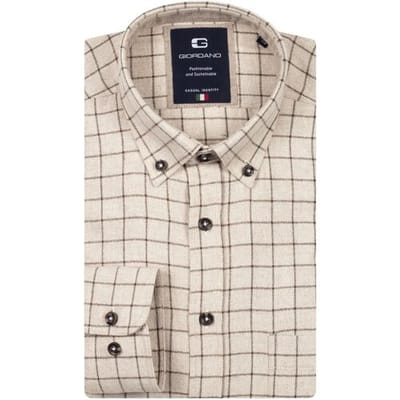 Giordano - Overhemd Donkerbruin Giordano Brando Long Sleeve Button Down Wooltouch Melange Flanel Check Lange Mouw Overhemd Donkerbruin 527302