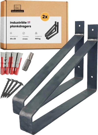 GoudmetHout® Industriële Plankdragers - 35 cm - Stalen Plankdrager voor Wandschap, Muurrek of Wandconsole - Max 100 kg - 2 Stuks - Zonder Coating