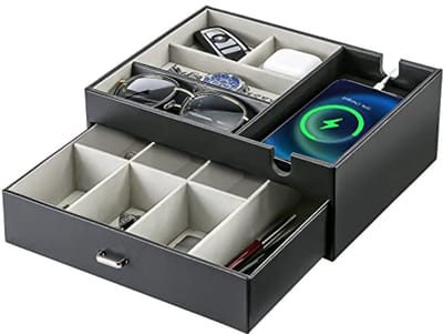 Dubbele Laag Bureau Organizer PU Leer Met 2 Niveaus - Faux Leer Opbergbak Voor Telefoon, Horloge, Sleutels, Portemonnee - Zwart