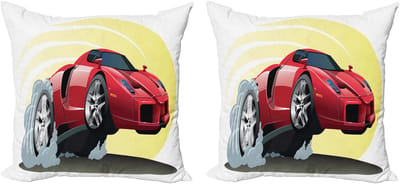 ABAKUHAUS Decoratieve kussenhoezen met automotief, 2 stuks, cartoonvoertuig, stoer, 40x40 cm, geel, grijs, rood