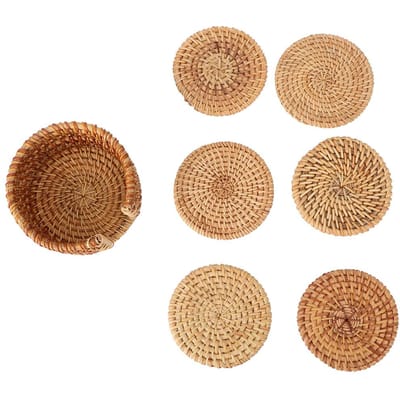 6 stuks Vintage Rotan Drankjes Thee Kop Onderzetters Rond Theepot Isolatiemat Decoratie beige