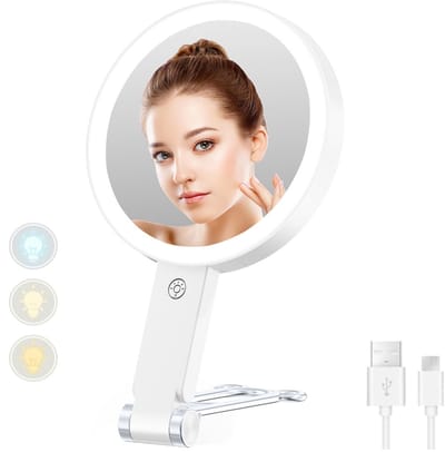 longziming -Dubbelzijdige Spiegel - Make-up Spiegel Met Licht - LED Cosmetische Spiegel - 1x En 10x Vergroting - Compact En Reisvriendelijk Ontwerp - Ideaal Voor Precisie Make-up En Reizen - 1 Stuk