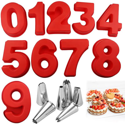 Taartvorm cijfers, 15 stuks siliconen bakvorm cijfers groot 10 inch Number Cake bakvorm met 6 spuitmonden voor - ShopVlot
