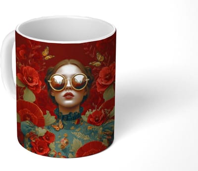 Mok - Koffiemok - Bloemen - Dieprood - Zonnebril - Vrouw - Mokken - 350 ML - Beker - Koffiemokken - Theemok