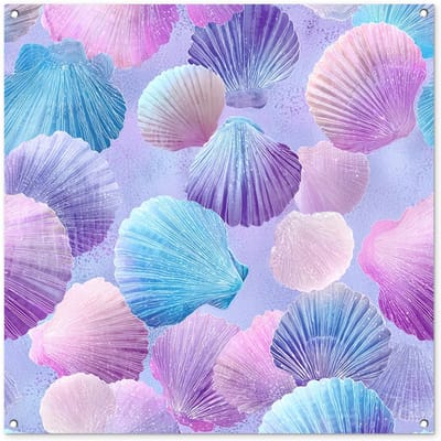 Tuinposter 100x100 cm - Tuindecoratie Schelpen - Paars - Blauw - Patroon - Poster voor in de tuin - Buiten decoratie - Schutting tuinschilderij - Tuindoek muurdecoratie - Wanddecoratie balkondoek