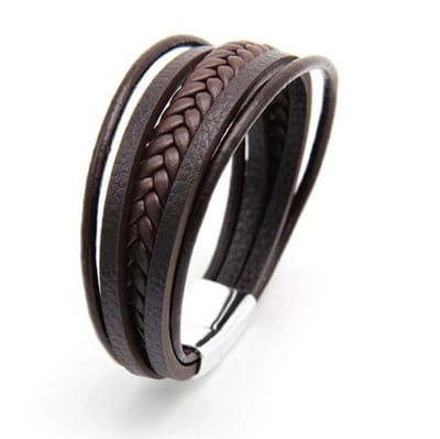 EmmyRovi Herenarmband Bruin Leer 21 cm – Gevlochten Armband met Zilverkleurige Sluiting