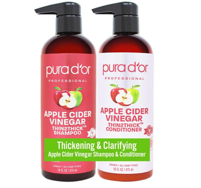 PURA D'OR Apple Cider Vinegar Thin2Thick Shampoo & Conditioner Set 2 x 473 ml – Met Appelciderazijn, Biotine, Keratine & Castorolie – Voor Voller Uitziend Haar – Geschikt voor Alle Haartypes – Voor Mannen & Vrouwen