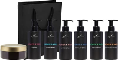 Shower & Wash Set - Fresh Ginger + Hamam + Hammam Herbal + Sweet Orange & Cedarwood + White Lotus + Zen Moment en Scrubzout 300 gram - bodycare - met luxe gift tas - set van 7 stuks - Cadeau - giftset voor hem en haar