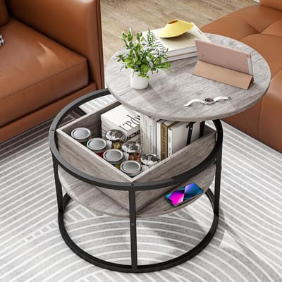 Ronde salontafel met lift-top en opbergruimte voor de woonkamer