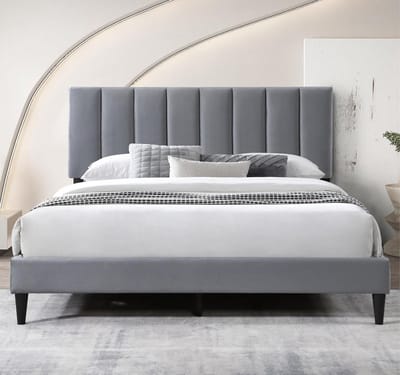Tweepersoons Gestoffeerd Bed 160x200 Grijs met Lattenbodem en Gevoerd Hoofdeinde
