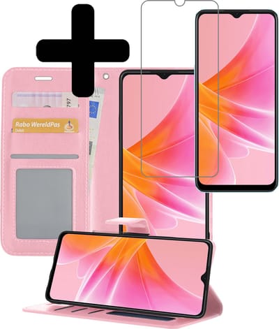 Hoesje - Met Screenprotector - Geschikt voor OPPO A17 - Luxe Pasjeshouder - Bookcase Portemonee - Flip Case - Kunstleer Book Case - Flipcase - Book Cover - Walletcase - Portemonneehoes - Telefoonhoesjes - Lichtroze