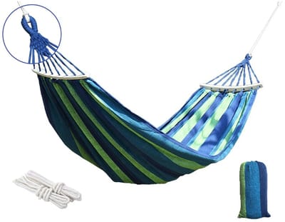 Keltin Tweepersoons tuin hangmat - houten stabilisator - 190x150 cm - 200 kg - blauw/groen