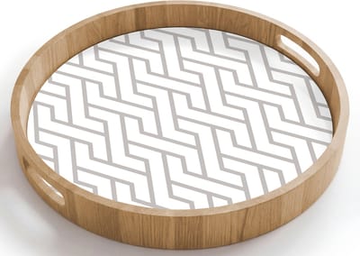 Dienblad rond 40x40 cm - Schootdienblad hout - Grafisch - Patroon - Modern - Lijn - Borrelplank rechthoek - Plateau houten dienbladen
