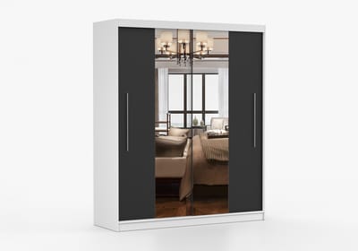 Kledingkast NICO I 203 cm - 2-deurs schuifdeurkast met spiegel en kledingstang - Garderobekast met ruime opbergruimte - Moderne kast voor slaapkamer en hal (Wit + Zwart)