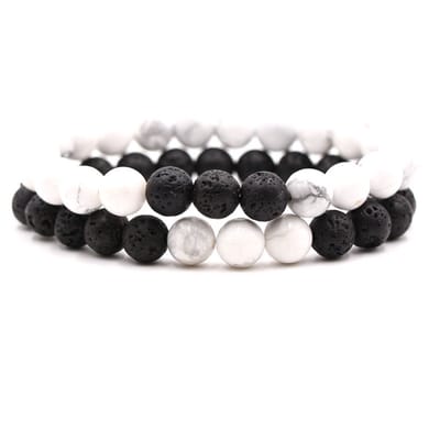 Bixorp Gems Dubbele Natuursteen Armband voor Man & Vrouw - Wit/Zwart contrast - Edelsteen Armband Cadeau - Lavasteen - 20cm