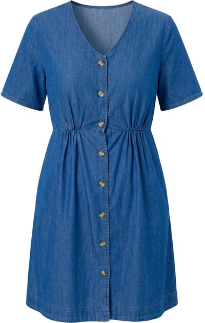 Ulla Popken - Dames - Denim jurk A-lijn V-hals korte mouw biologisch katoen - Blauw denim - Maat 42+