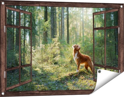 Gards Tuinposter Doorkijk Retriever Hond in het Bos met Zon - 90x60 cm - Tuindoek - Tuindecoratie - Wanddecoratie buiten - Tuinschilderij