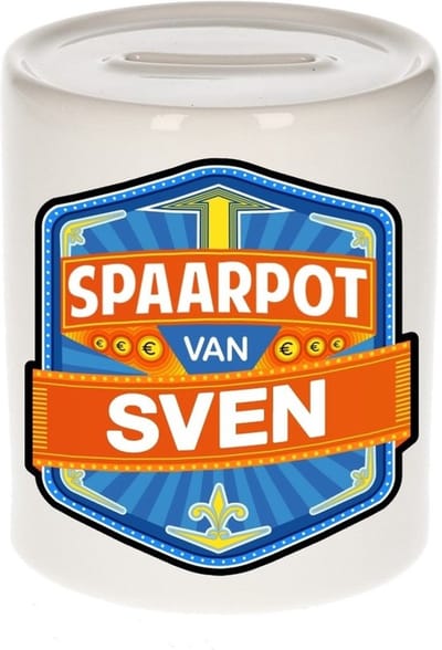 Bellatio Decorations Kinder spaarpot met naam - Sven - keramiek - met dop - wit - Sparen - Spaargeld van Sven