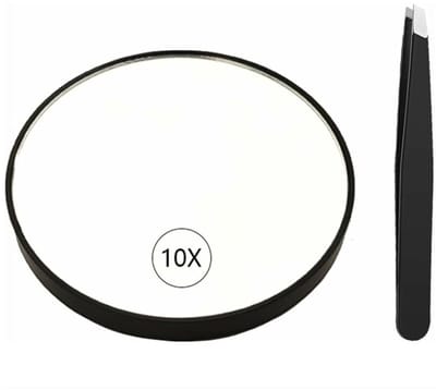 10x vergrootglas - Draagbare ronde spiegel - Zuignap reisset - Vergrotende make-upspiegel voor de badkamer - Geschikt voor wenkbrauwen, pincetten, mee-eters en oneffenheden - Diameter 8,8 cm - Wordt geleverd met 1 pincet