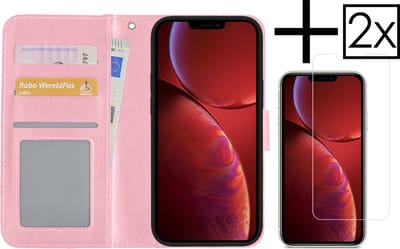 Hoesje - Met 2x Screenprotector - Geschikt voor Apple iPhone 14 Pro - Luxe Pasjeshouder - Bookcase Portemonee - Flip Case - Kunstleer Book Case - Flipcase Hoes - Book Cover - Walletcase - Portemonneehoes - Lichtroze