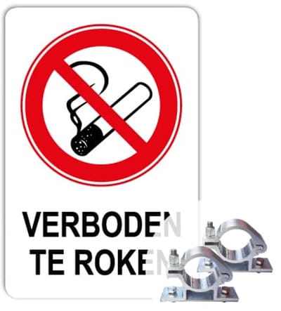 Verboden te roken bord - Weerbestendig Aluminium - 40x60 cm - Bevestiging: Met paalbeugels Ø48mm