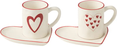 J-Line kop + schoteltje Hart - porselein - wit/rood - 2 stuks