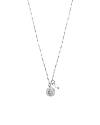 Mint15 Ketting met klein muntje (8mm) en echte zoetwaterparel (4mm) - Zilverkleur RVS/Stainless Steel