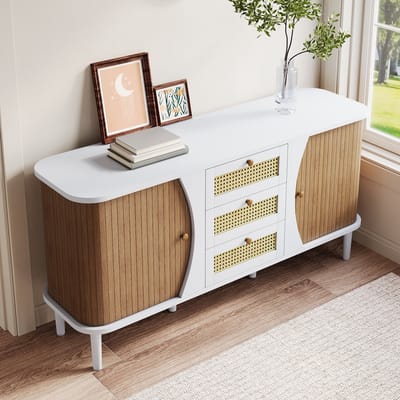 STILVORA Dressoir - Rieten Lades en Verstelbare Legplanken - Afgeronde Randen en Naturel Houten Deuren - MDF - 140,5x40x76 cm - Wit+Notenbruin