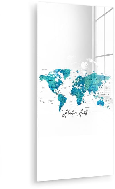 MuchoWow® Glasschilderij 40x80 cm - Schilderij acrylglas - Wereldkaart - Blauw - Kleurrijk - Foto op glas - Muurdecoratie woonkamer - Wanddecoratie slaapkamer - Schilderijen