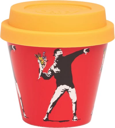 Quy Cup - 90ml Ecologische Espresso Reisbeker - De originele Banksy's Graffiti "The Flower Thrower" met gele deksel 7x7x7cm