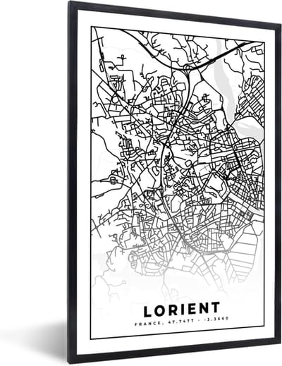 Fotolijst incl. Poster Zwart Wit- Plattegrond - Lorient - Kaart - Frankrijk - Stadskaart - Zwart wit - 40x60 cm - Posterlijst