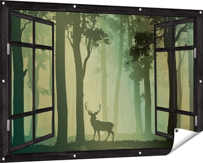 Gards Tuinposter Doorkijk Hert in het Bos - Silhouet - 150x100 cm - Tuindoek - Tuindecoratie - Wanddecoratie buiten - Tuinschilderij
