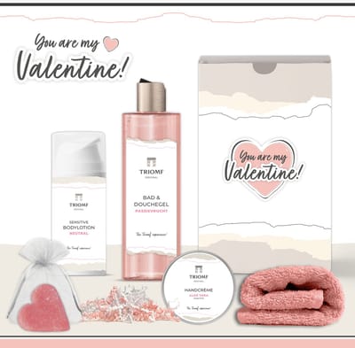 Geschenkset “You Are My Valentine!” - 5 producten - 660 gram - Triomf Cosmetica | Luxe wellness cadeaubox voor haar Giftset Woman Girlfriend Gift Set for my Love Valentijn Cadeau pakket vrouw vriendin Set Valentijnsdag Cadeaupakket Hartje Rood Rose