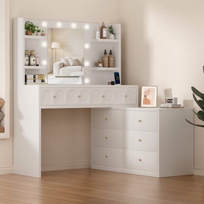Lexzurn Kaptafel - make up tafel met spiegel - 3 soorten LED-verlichting - 8 Laden en 4 Planken - met haak voor föhn - met stopcontact en USB-poorten - 145x90x40 cm - geschikt voor slaapkamers en kleedkamers - wit