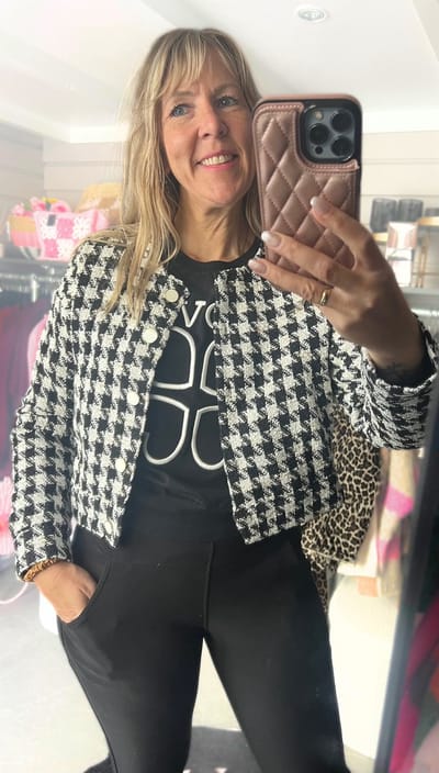 Jasje kort - Print - Blazer - Ruitje - zwart wit - Pepitaruit - Gouden draadje - Geblokt - Maat S